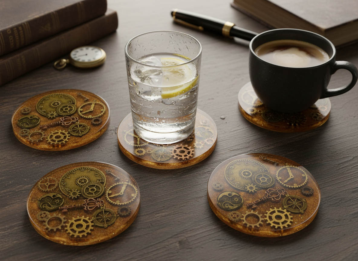 Steampunk Resin Coasters Set of 2 – Gear & Metal Trinket Drink Coasters – Mica Pigment Art – Gothic Industrial Home Decor