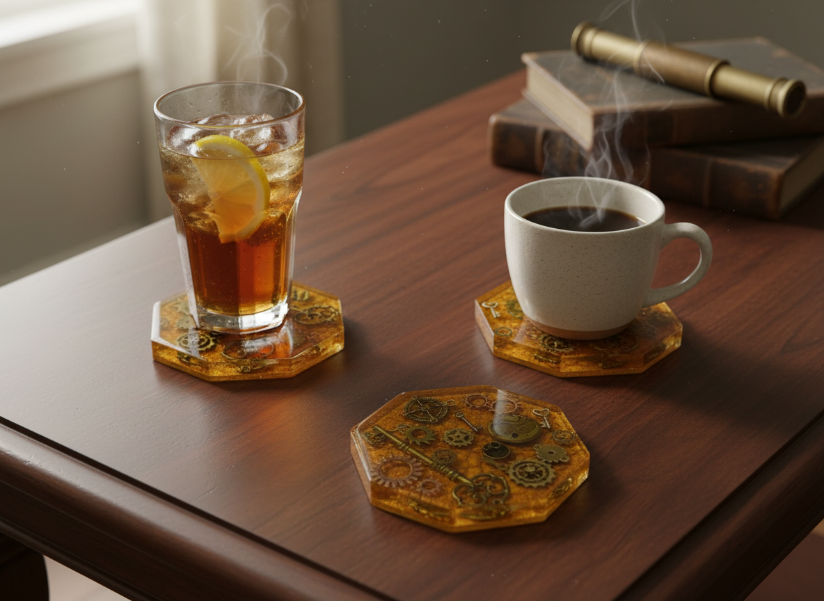 Steampunk Resin Coasters Set of 2 – Gear & Metal Trinket Drink Coasters – Mica Pigment Art – Gothic Industrial Home Decor