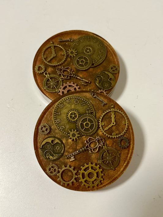 Steampunk Resin Coasters Set of 2 – Gear & Metal Trinket Drink Coasters – Mica Pigment Art – Gothic Industrial Home Decor