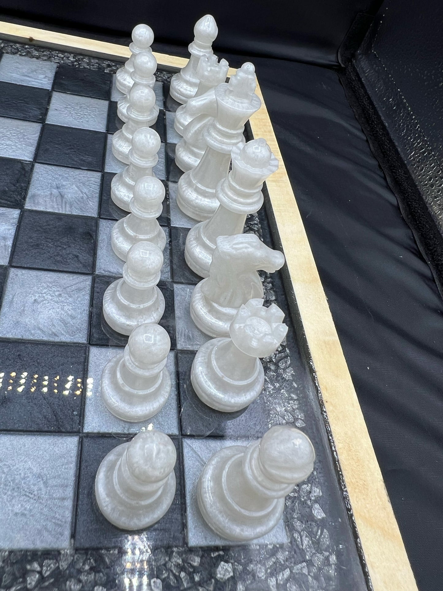 Black & White Epoxy Resin Chess/Checkers Set with Metallic Mica