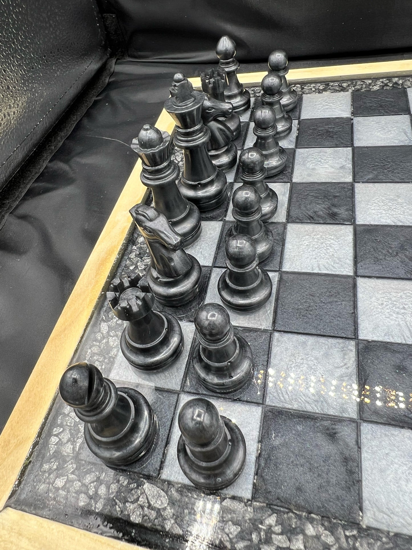 Black & White Epoxy Resin Chess/Checkers Set with Metallic Mica