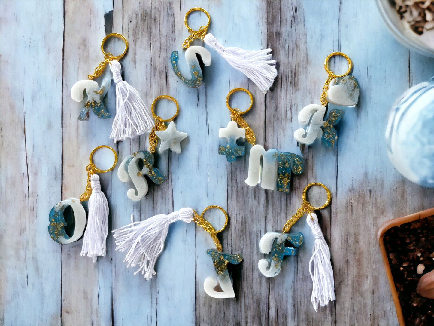 Blue & White Letter Keychains | Alphabet Keychains | Resin Craft