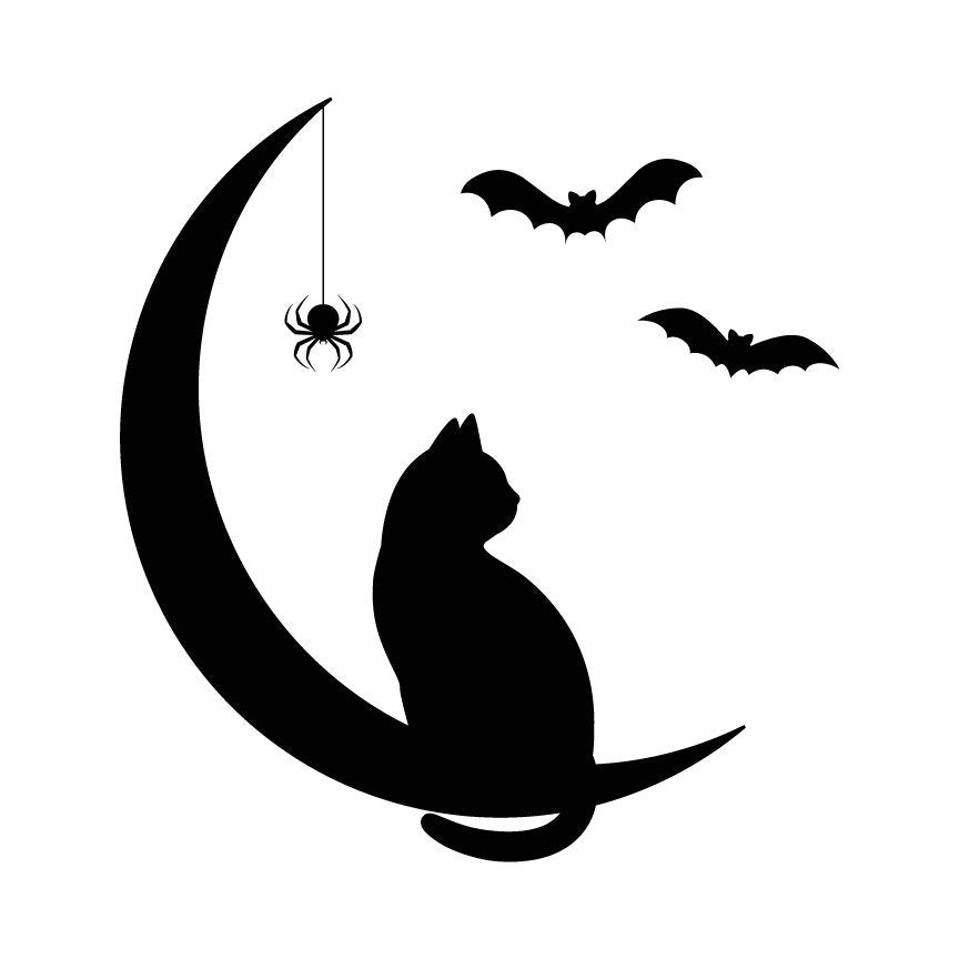 Black Cat on Crescent Moon  Halloween Silhouette SVG & PNG